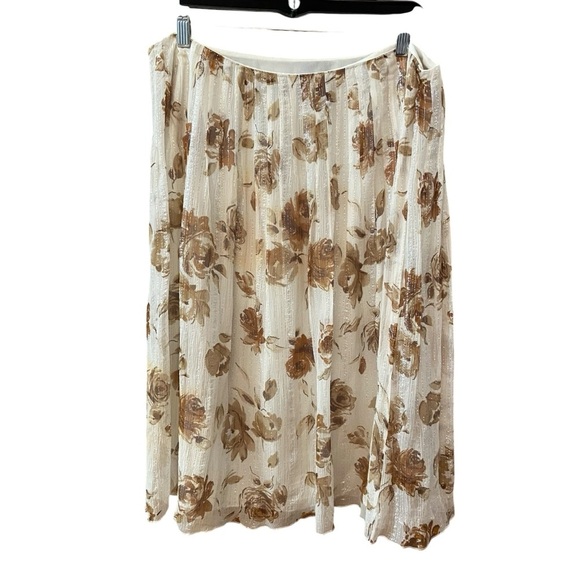 Chadwick’s Silk Floral Cream & Brown ALine Skirt Size 16 Metallic Thread Vintage - Picture 1 of 11